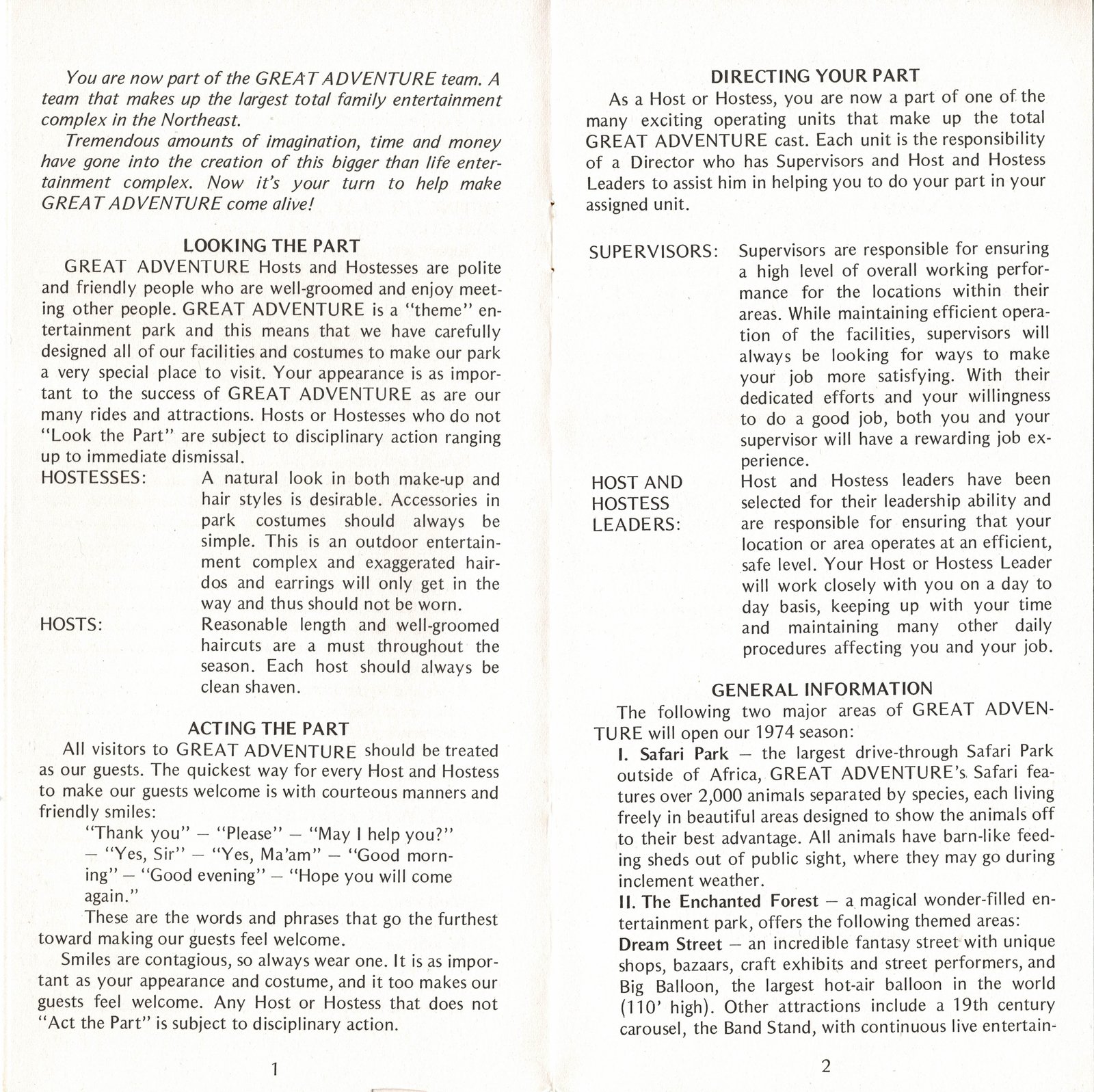 Great Adventure History 1974 Seasonal Employee Handbook